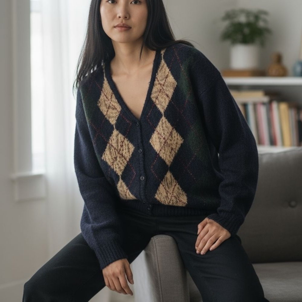 Love Tree Navy/Tan/Hunter Green Argyle V-Neck Cardigan